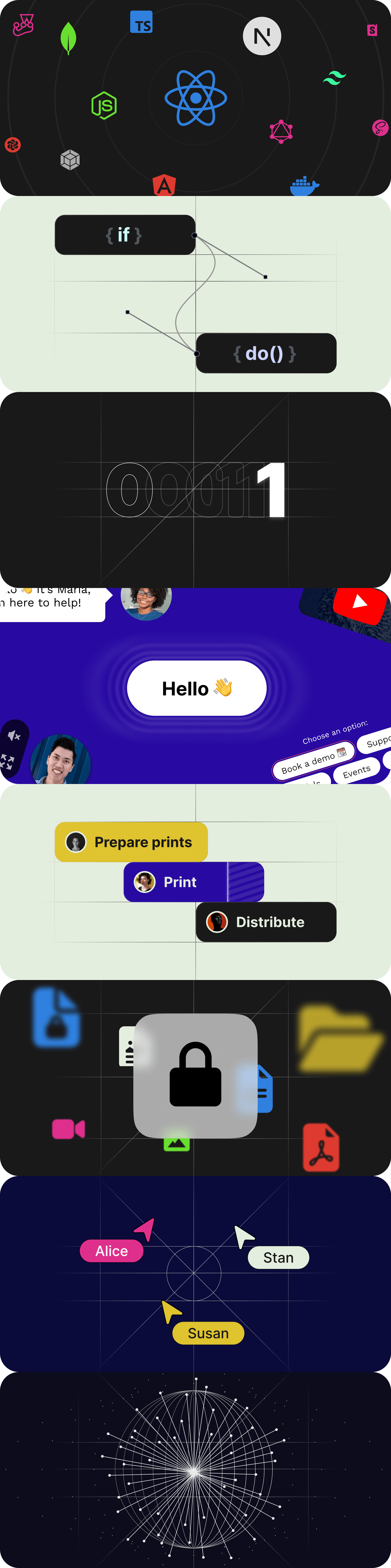 Illustration of flying logotypes of all modern front-end technologies